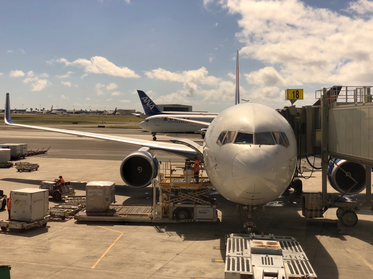A commercial 767 at a gate