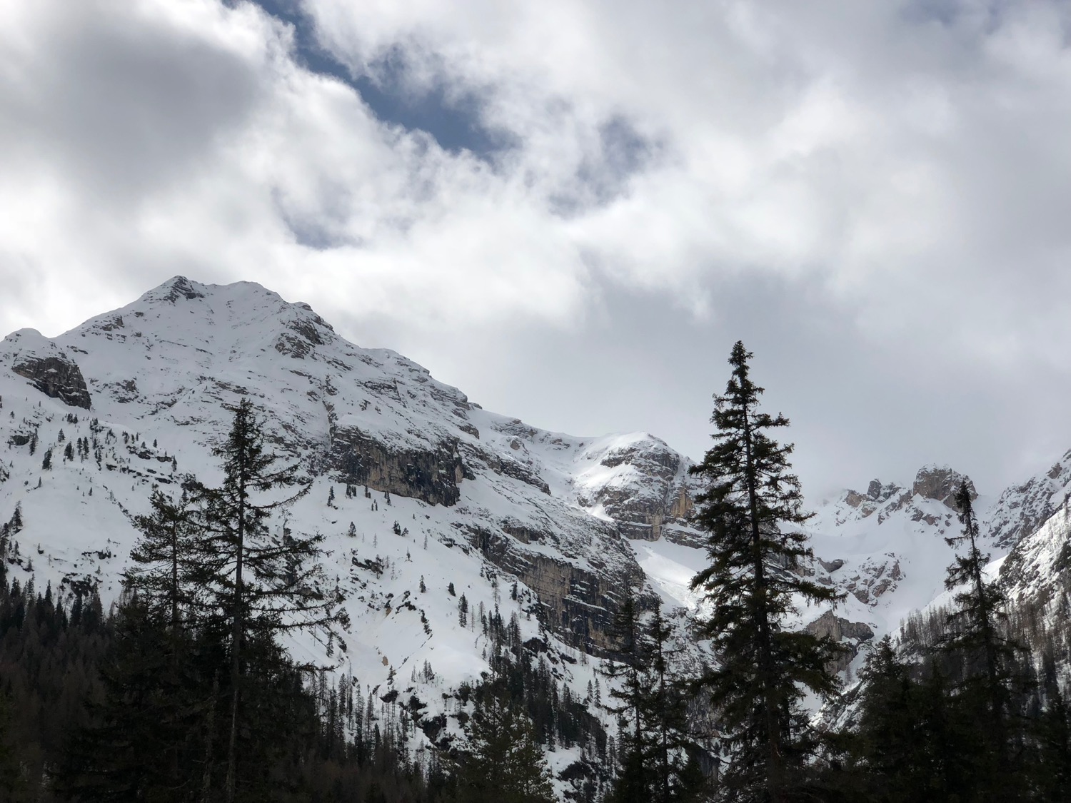 a snowy mountain with trees and clouds in the sky