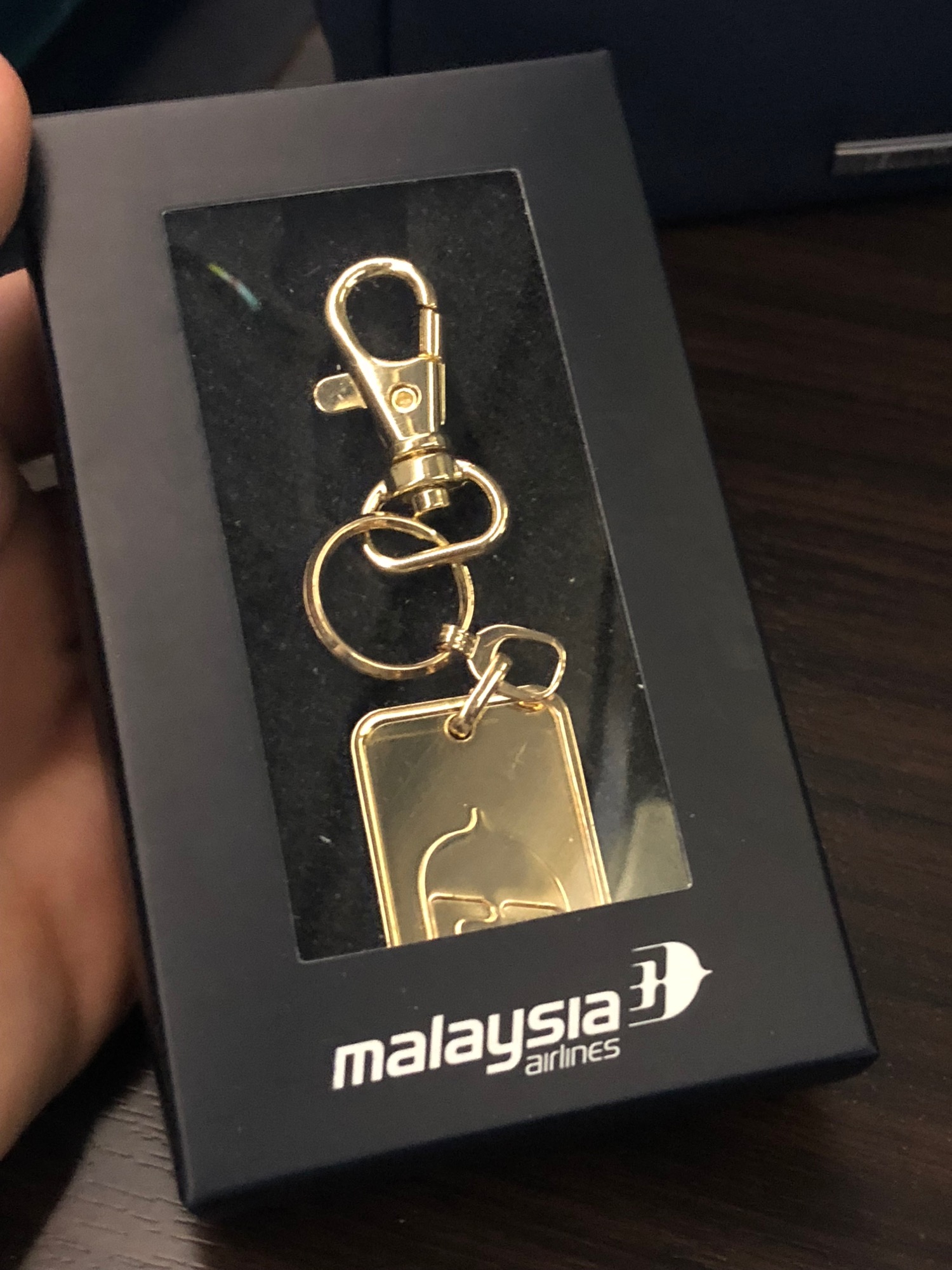 a hand holding a key chain in a box
