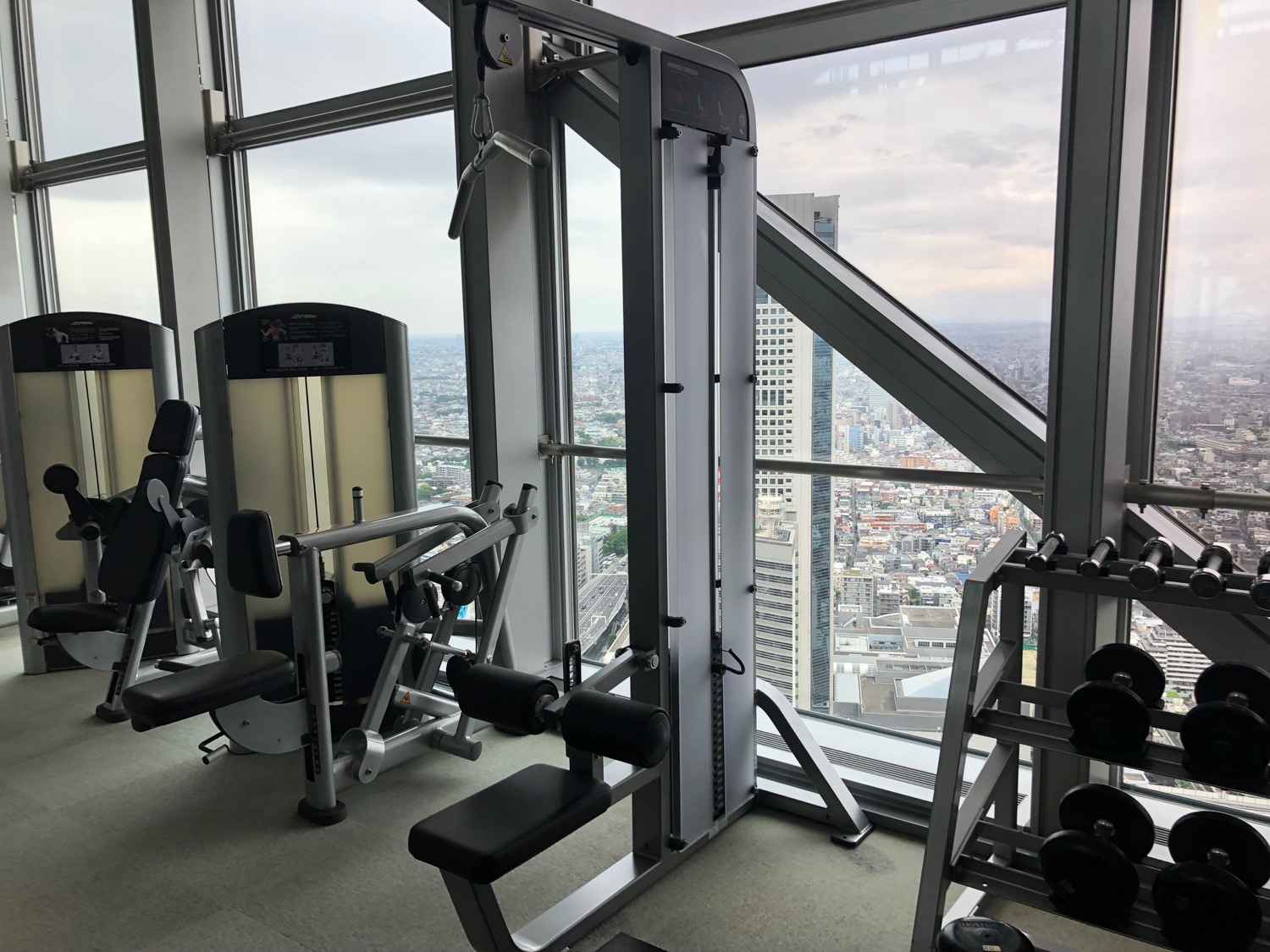 a gym with exercise equipment and a view of a city