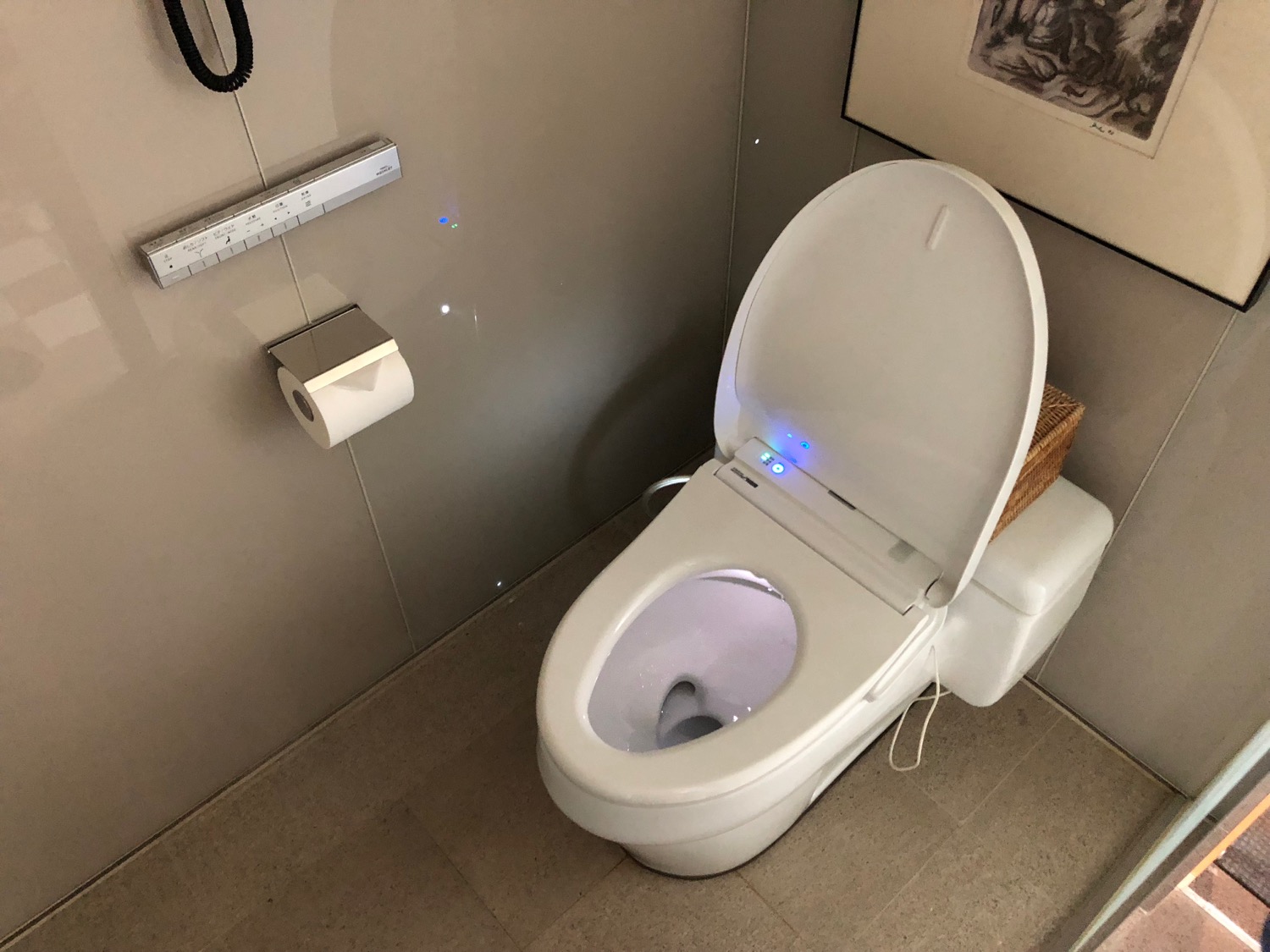 a toilet with lights on the lid