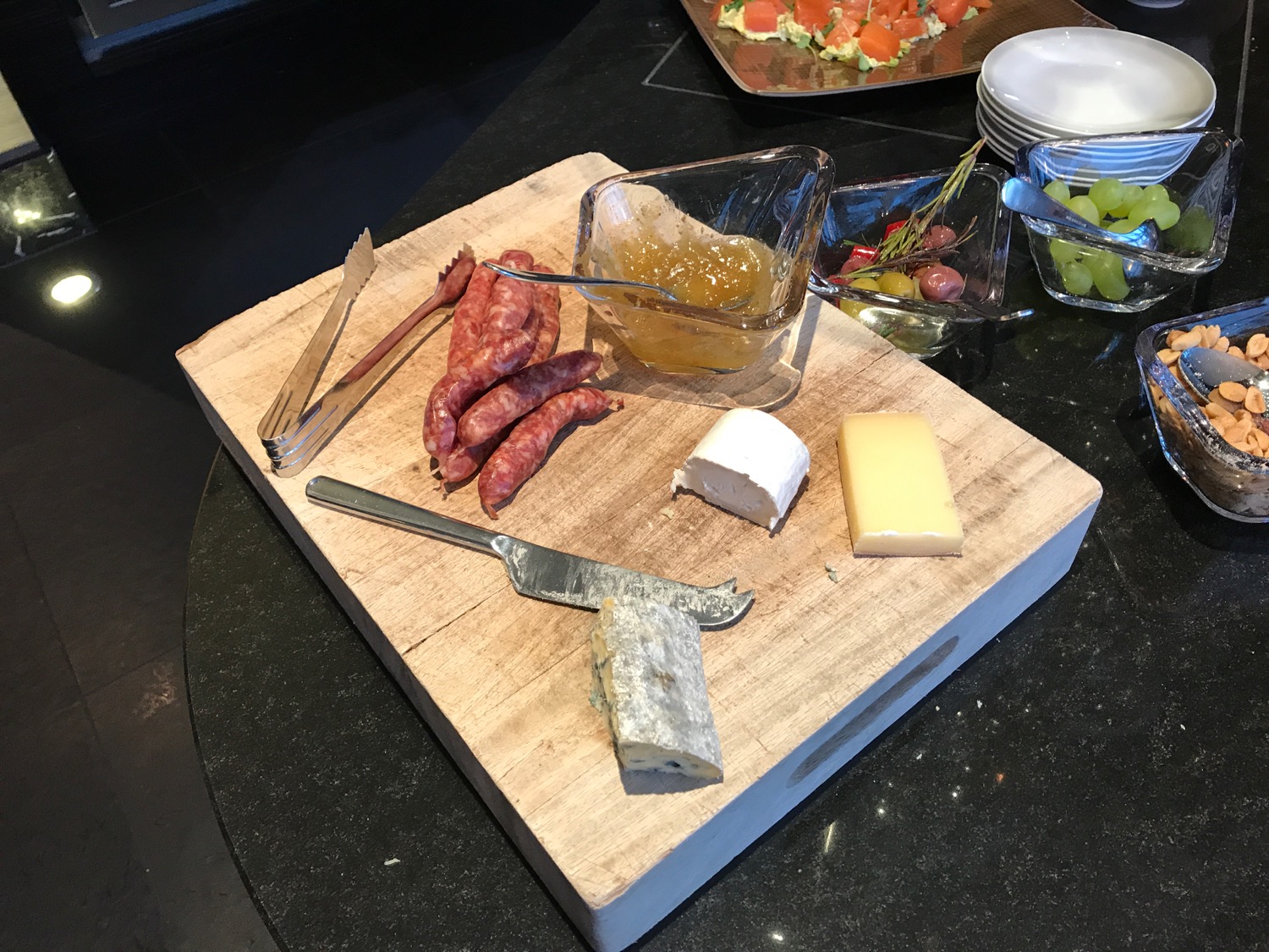 a cutting board with food on it