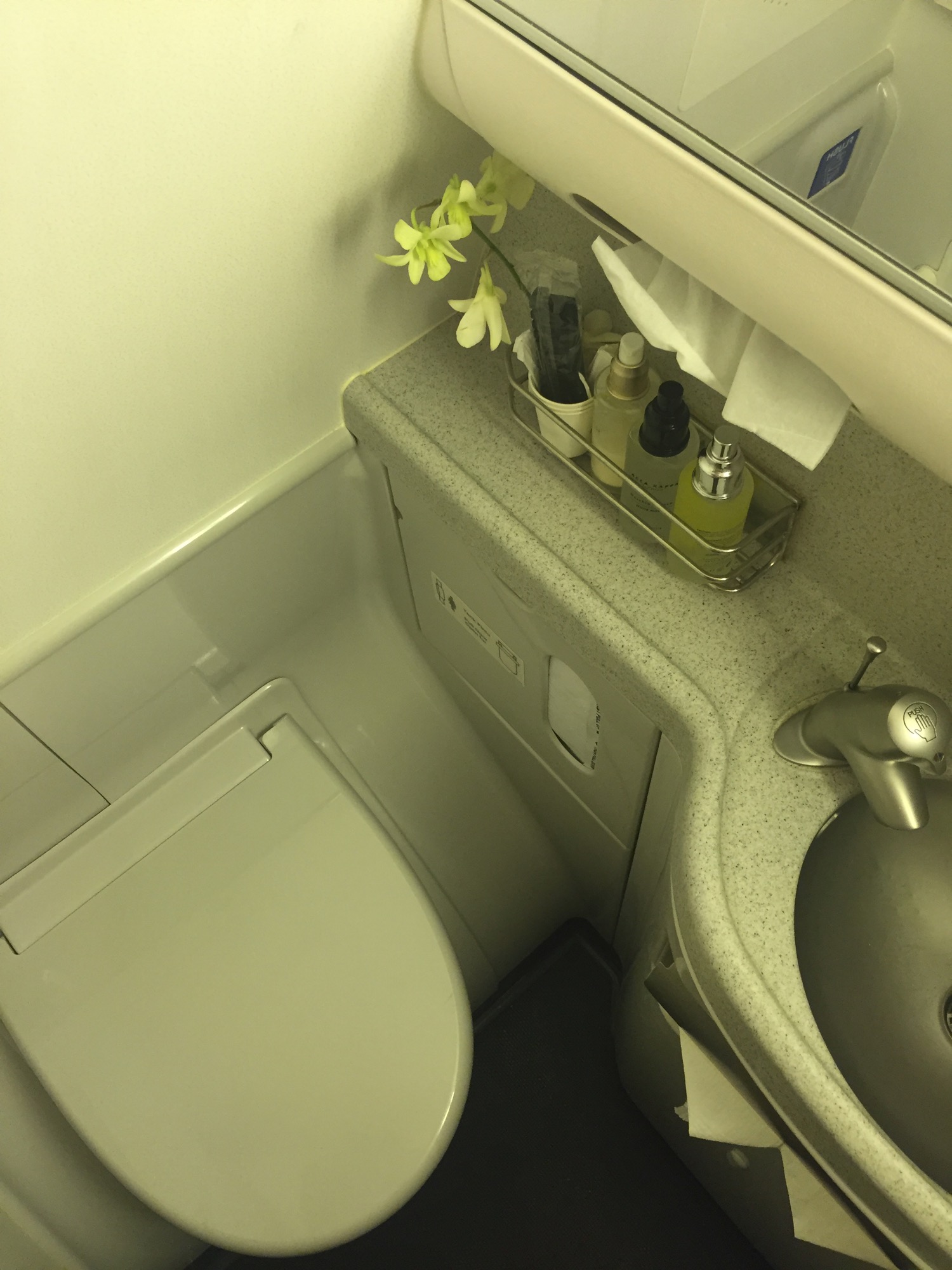 a sink and toilet with a flower in the corner