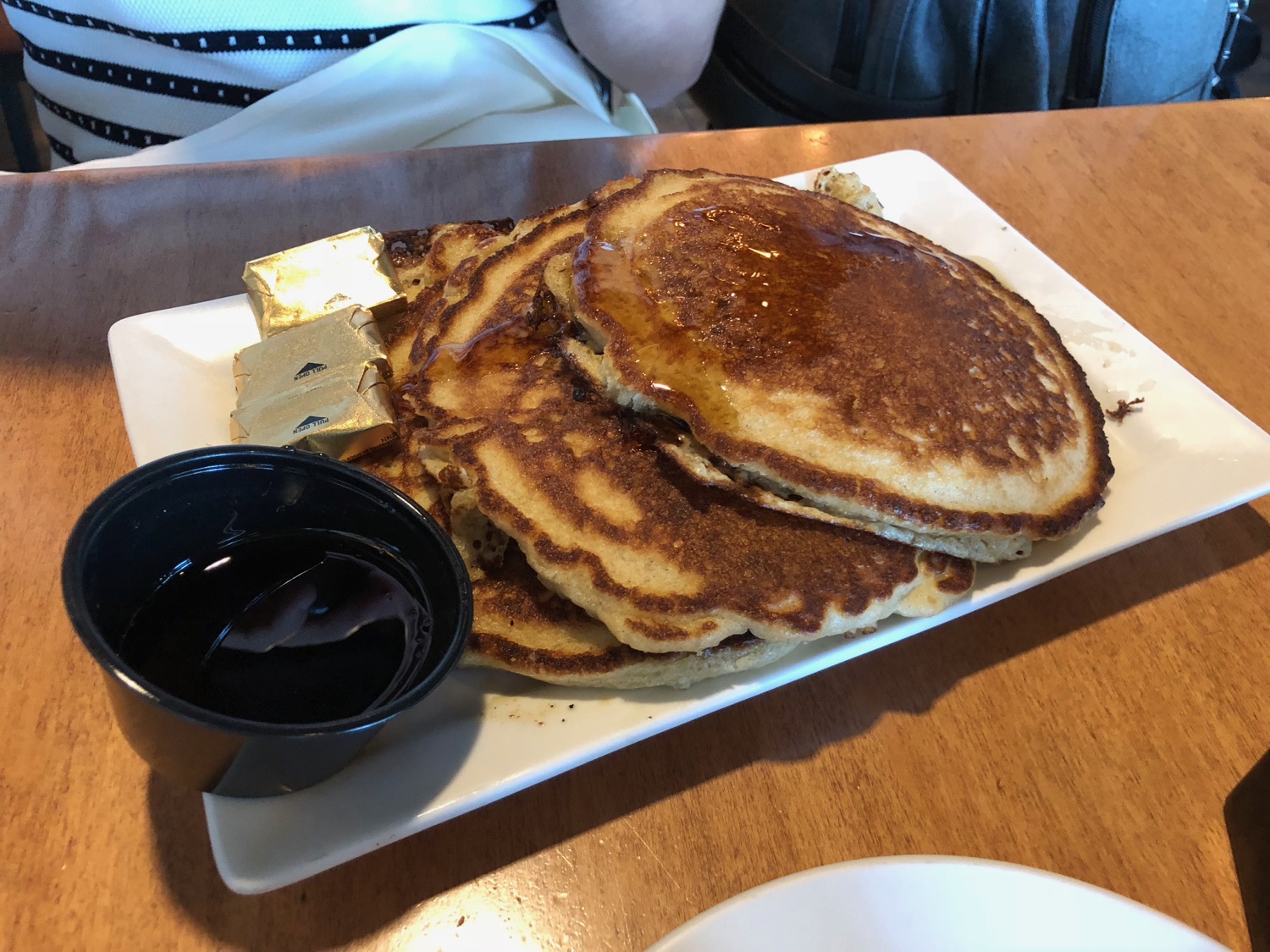 a plate of pancakes and a cup of syrup