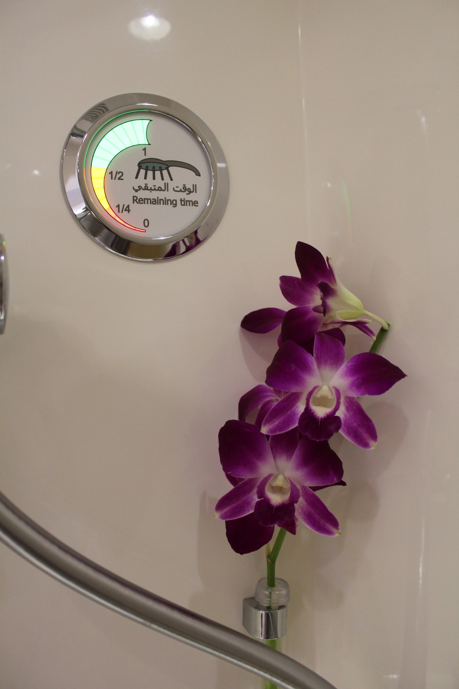 purple flowers next to a gauge