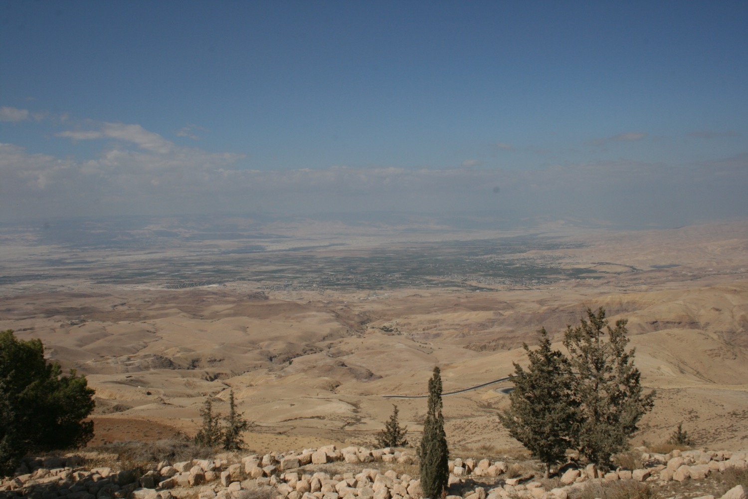 a landscape with trees and rocks with Mount Nebo in the background