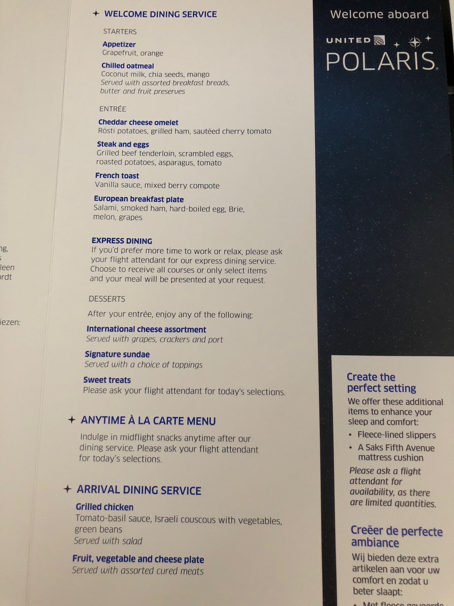 a menu with blue text and white text
