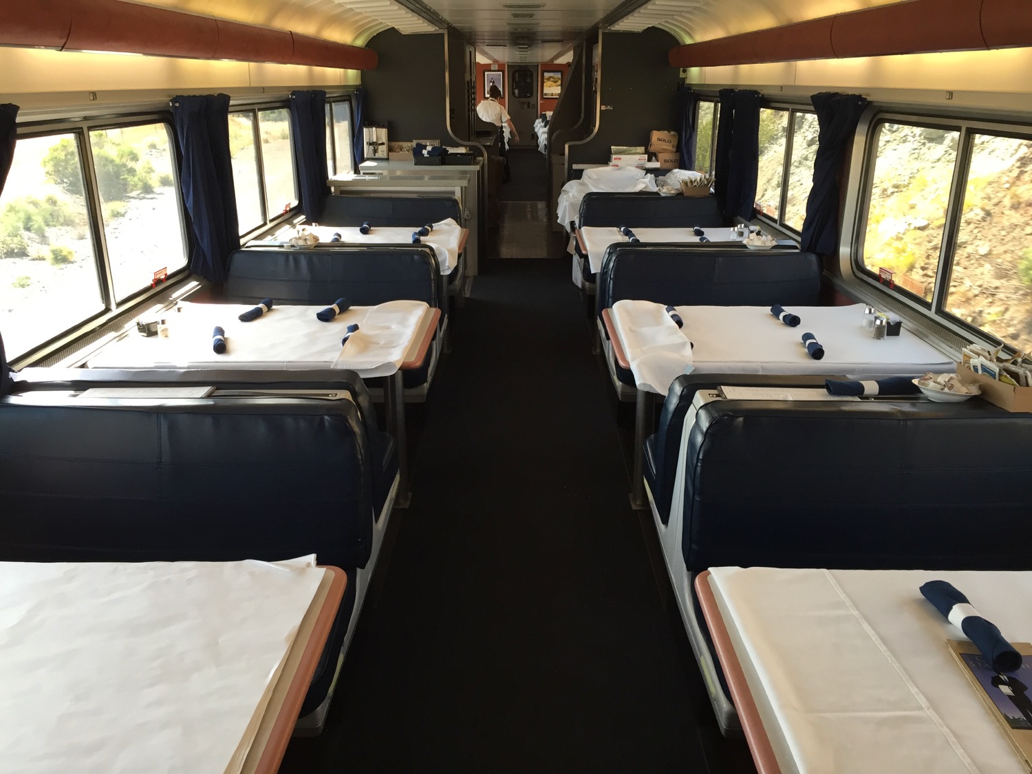 a dining room of a train