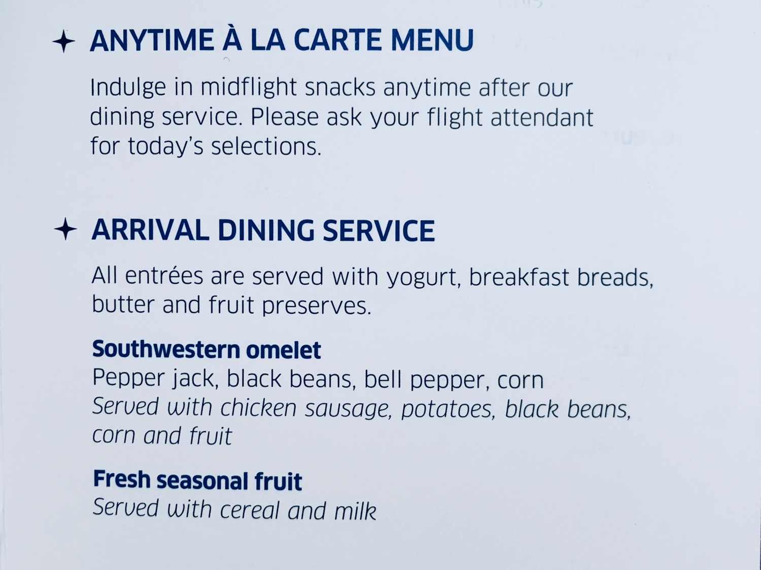 a menu with blue text