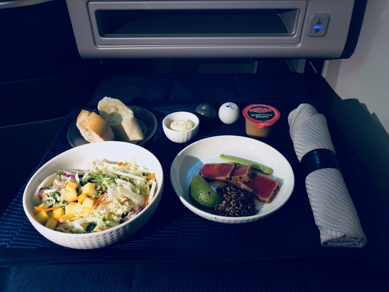 food on a table in a plane