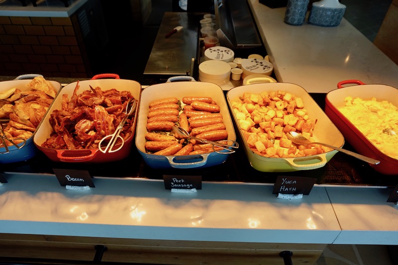 Meats, potatoes, local fare and pancakes/french toast on the buffet