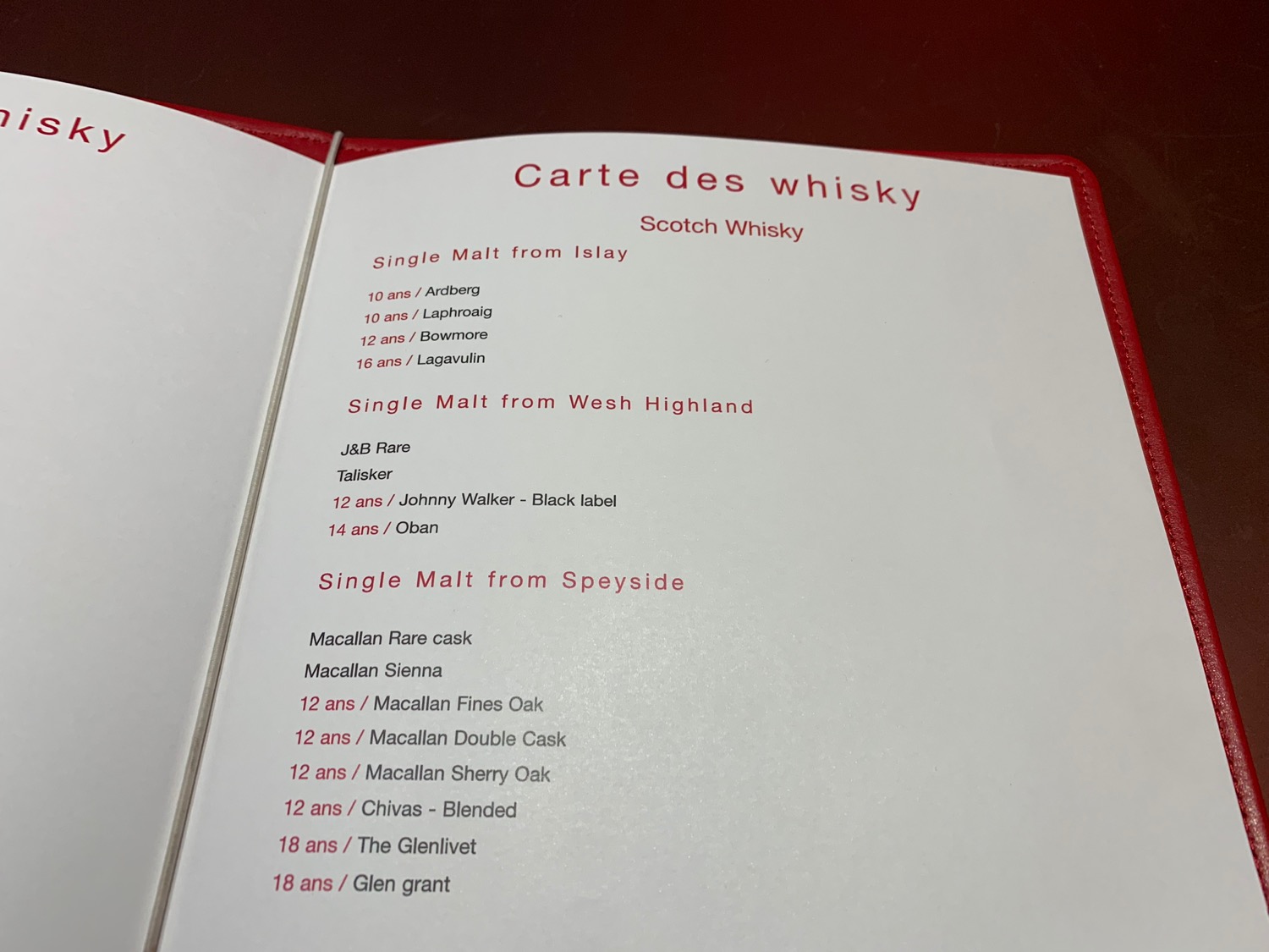 a menu of a single malt whisky