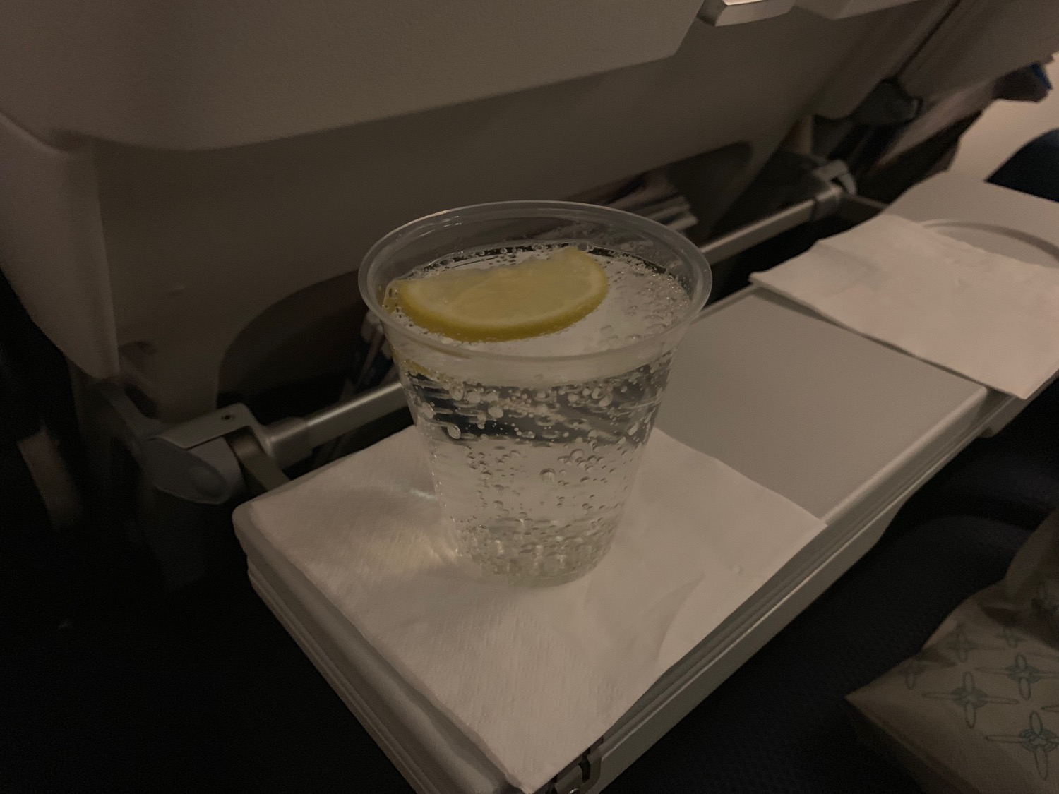 a glass of water with a lemon slice on a napkin on a tray