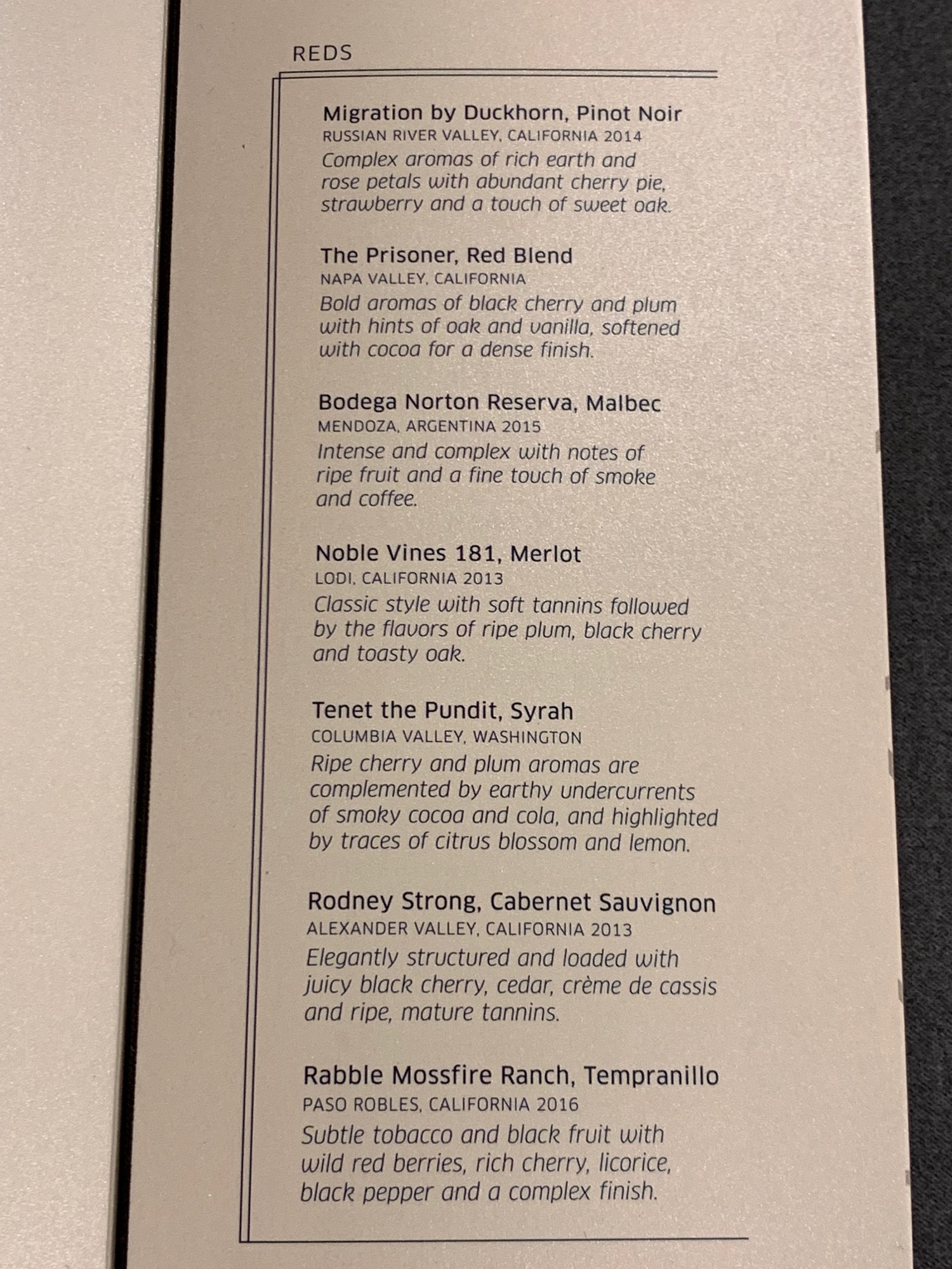 a menu of a wine list