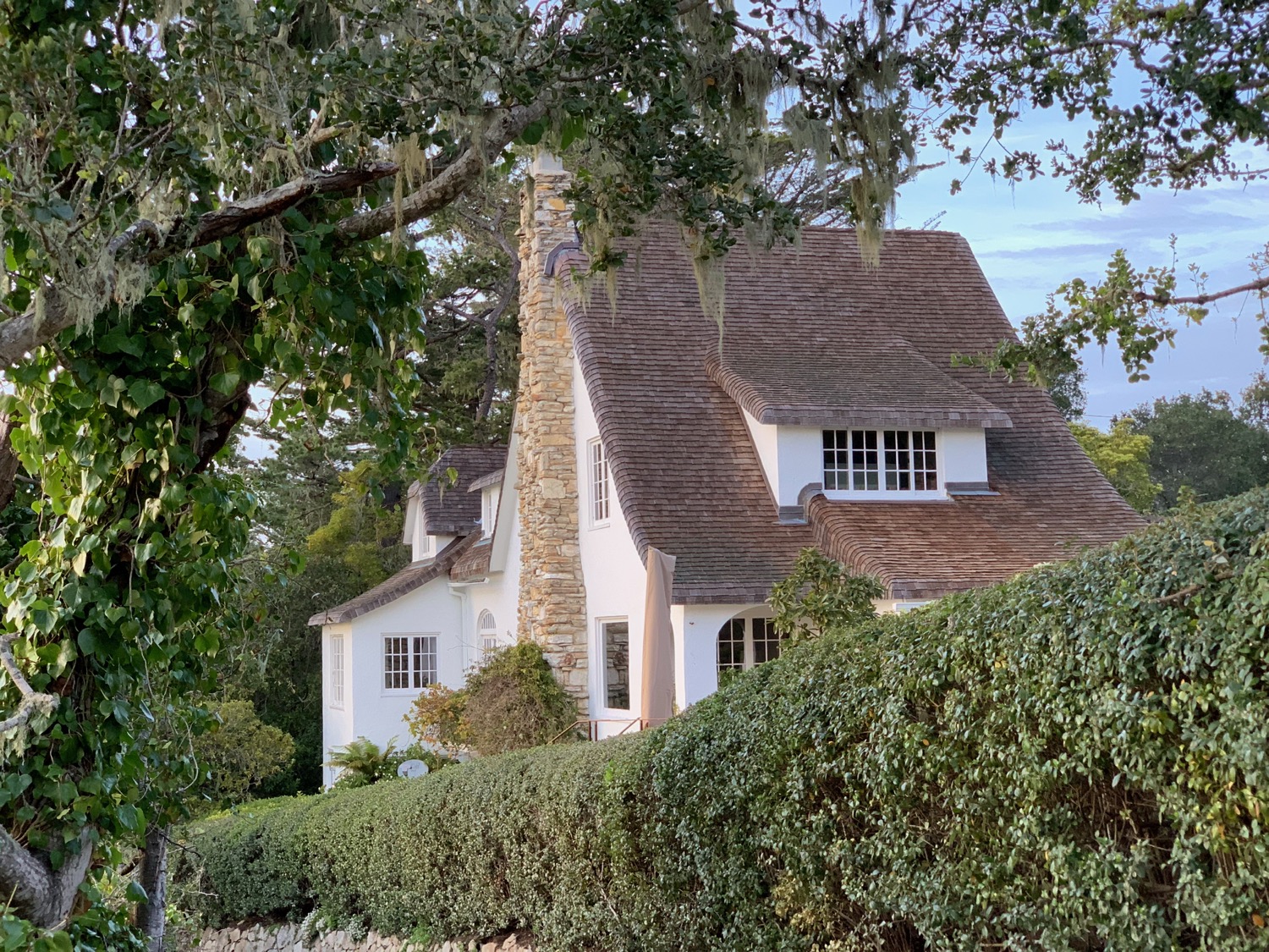 a house with a stone chimney and a hedge