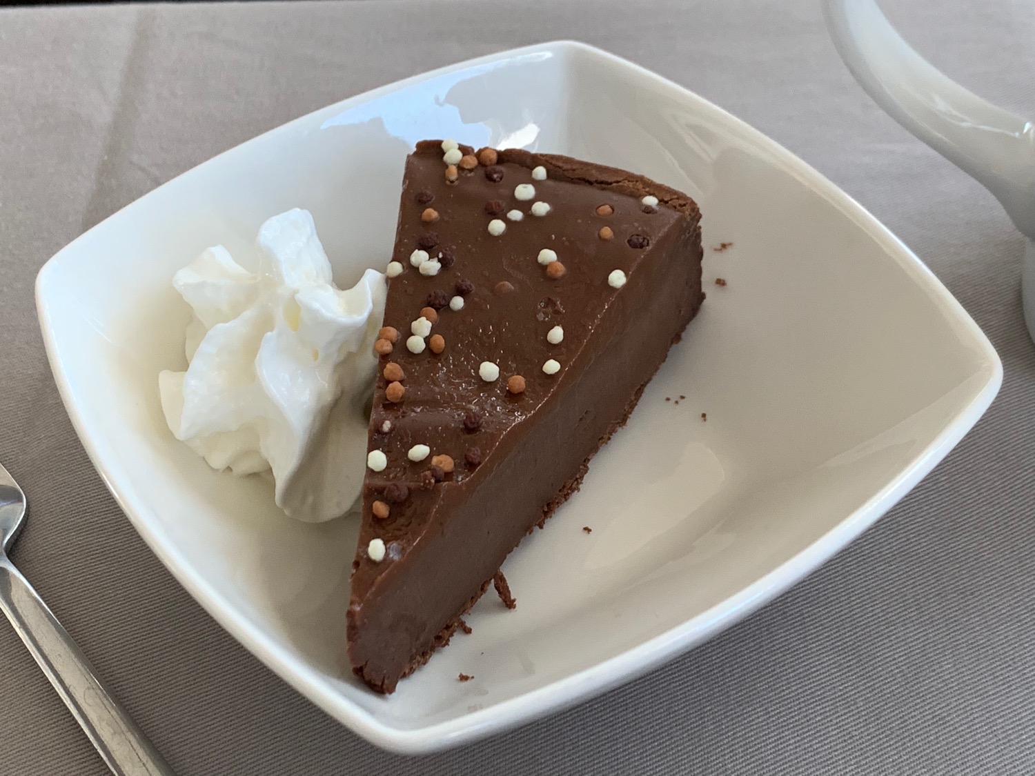 a slice of chocolate cake with whipped cream