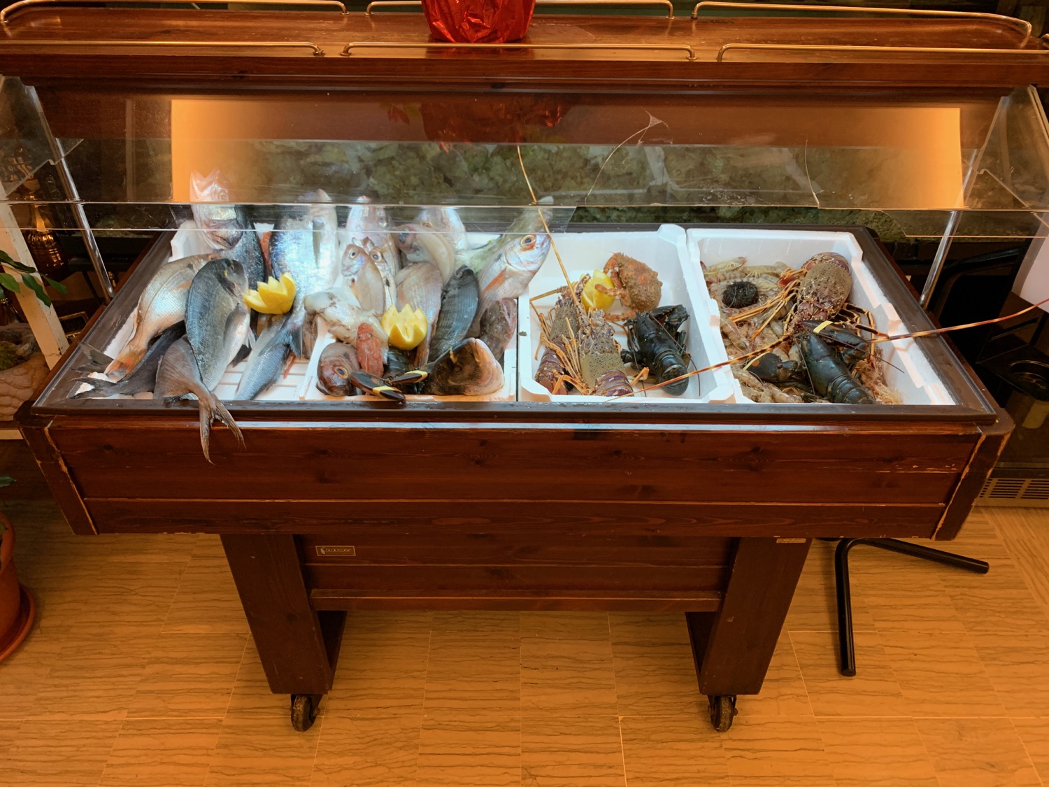 a display of seafood in a glass case