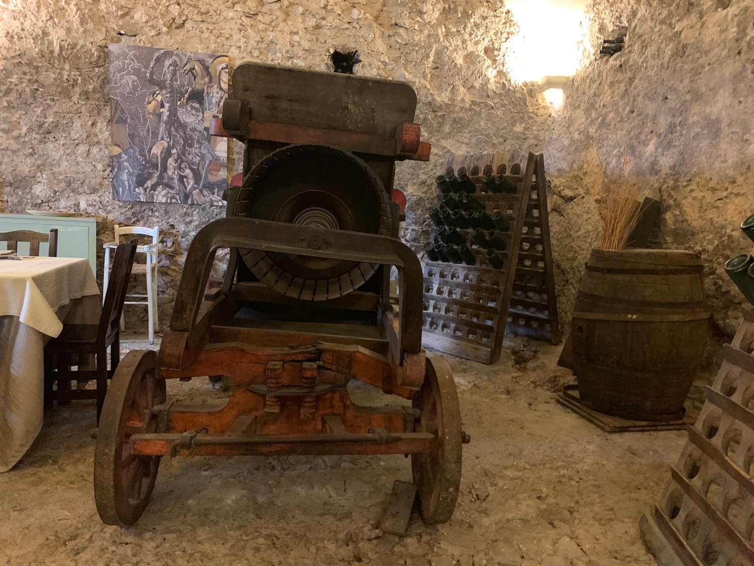 a wooden cart in a cave