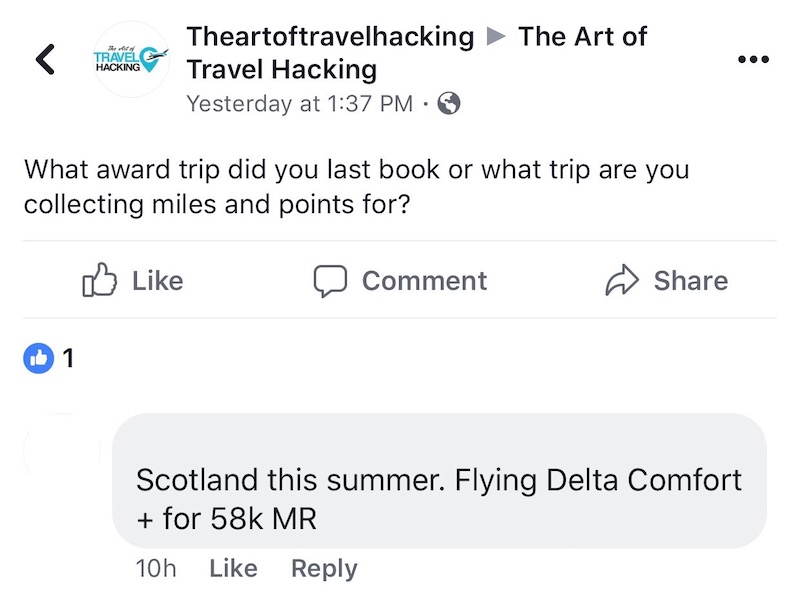 Art of Travel Hacking group post