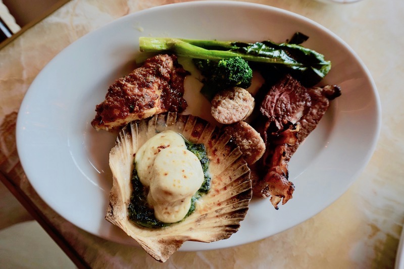 Front grill selection: baked oysters, sausage, Chinese broccoli, chicken