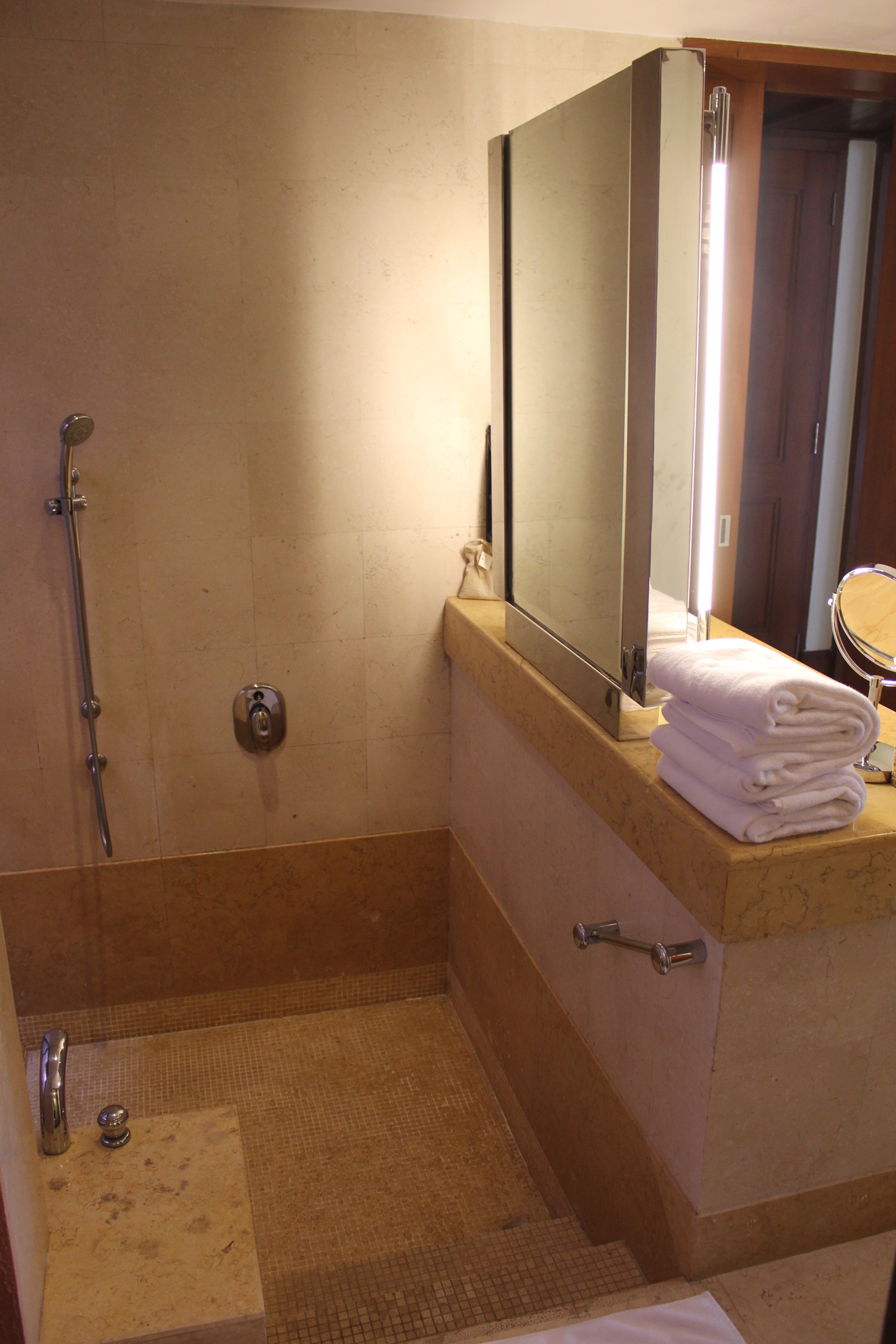 a bathroom with a shower and a mirror
