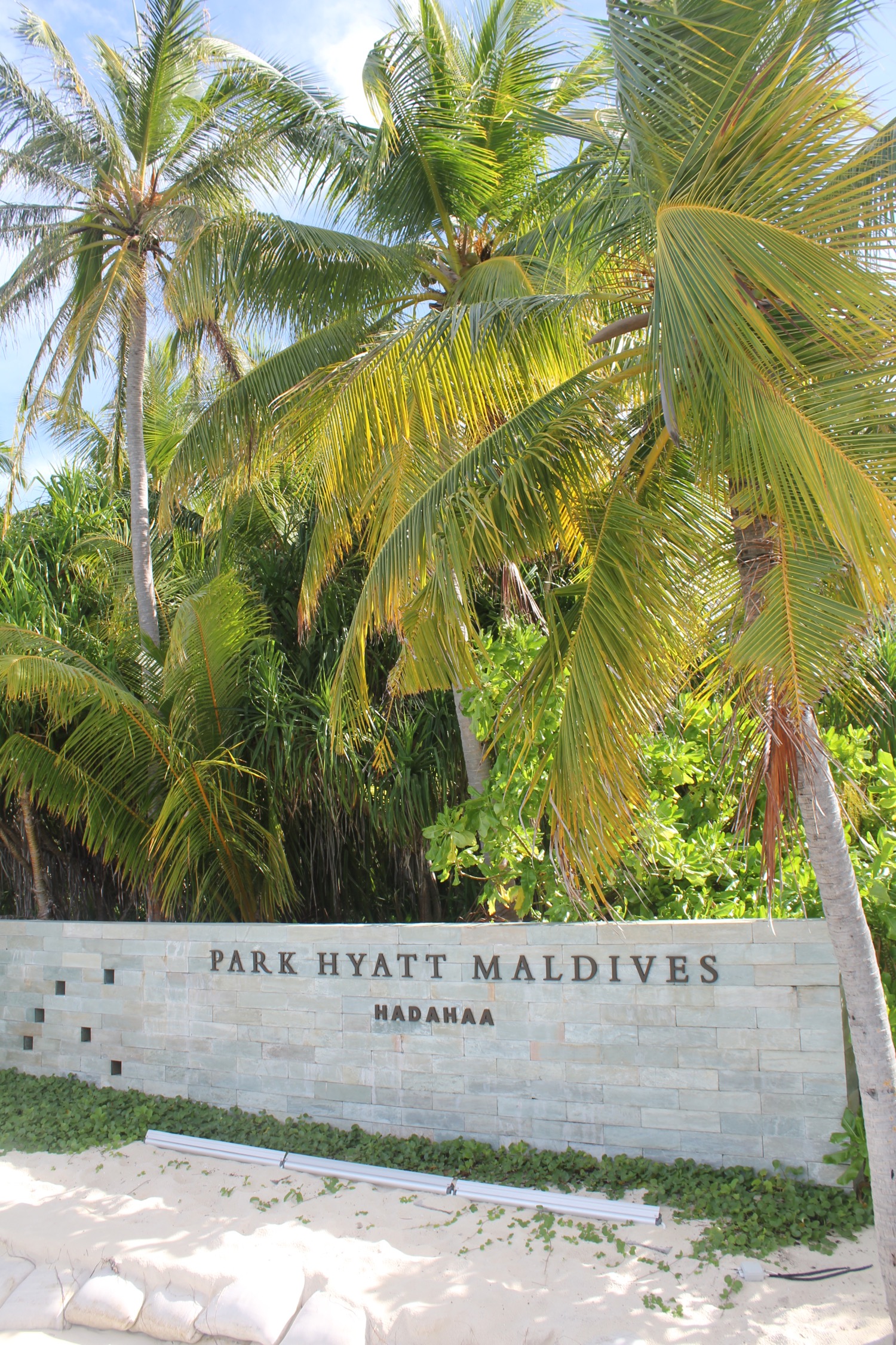 a sign with palm trees and a stone wall