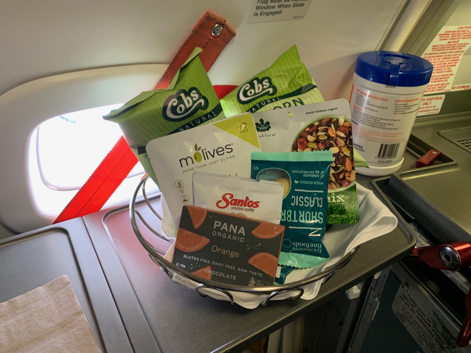 a basket of food on a plane