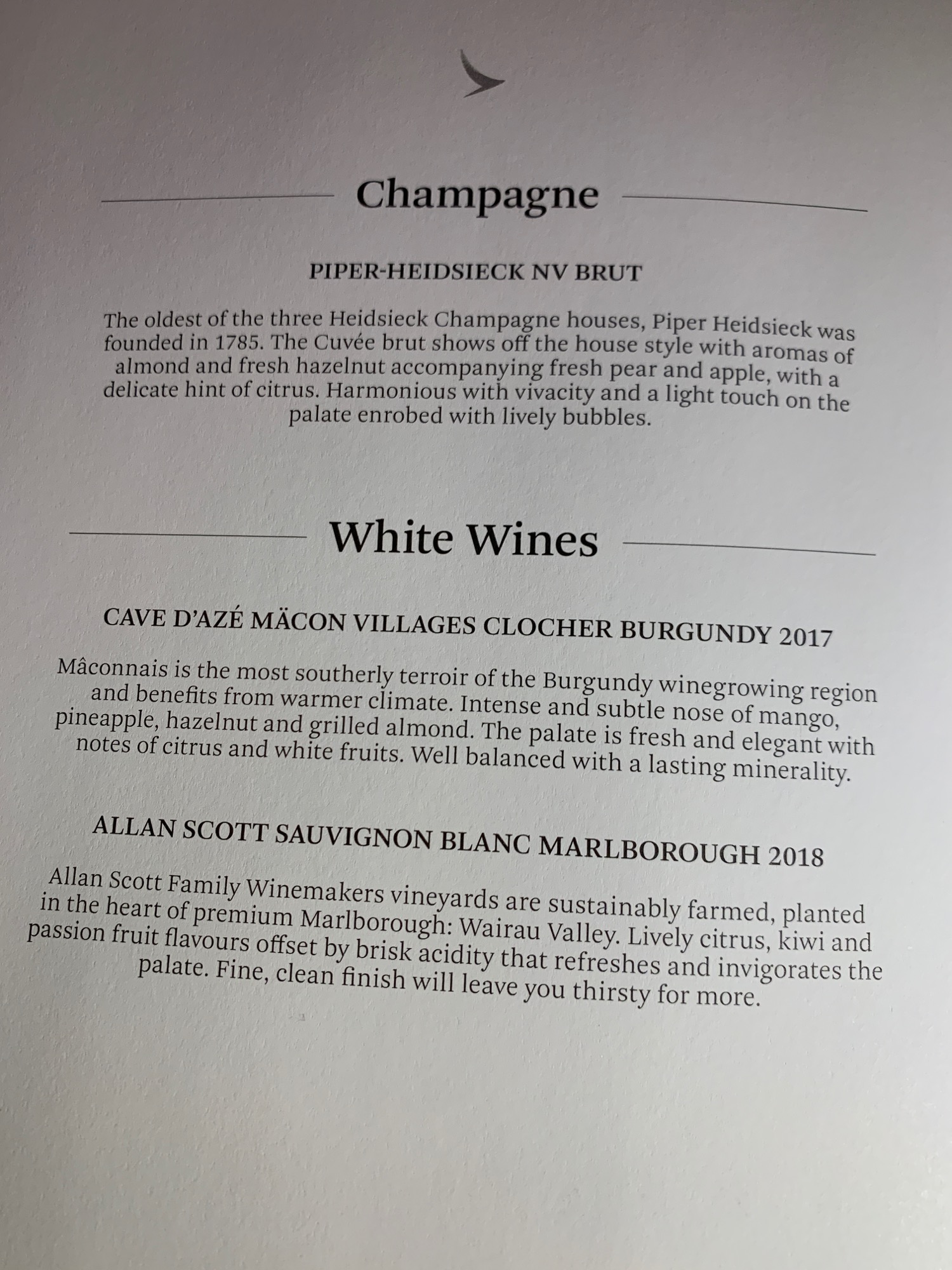 a menu of wine and champagne