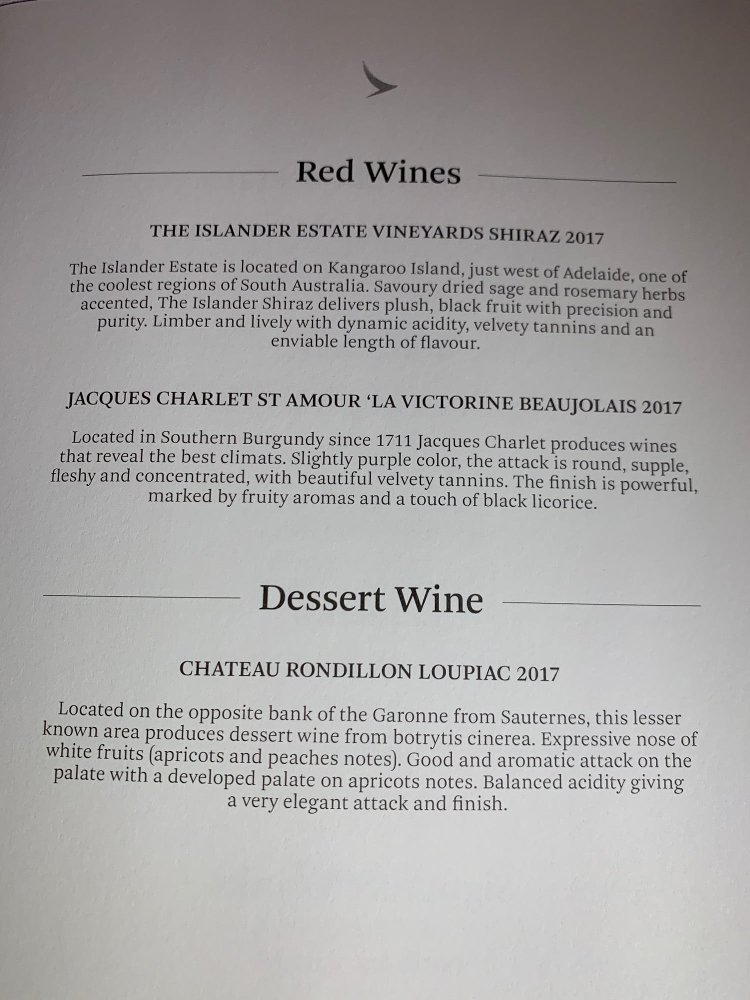 a menu of wine and dessert