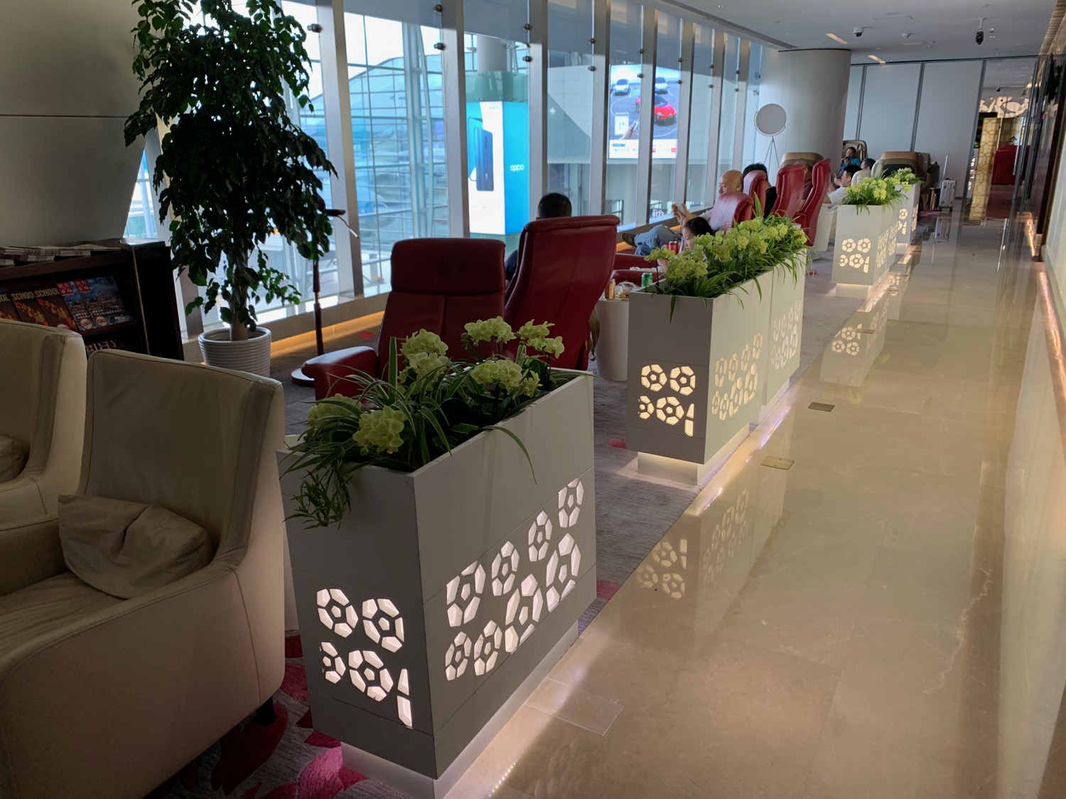 a row of planters in a room with windows