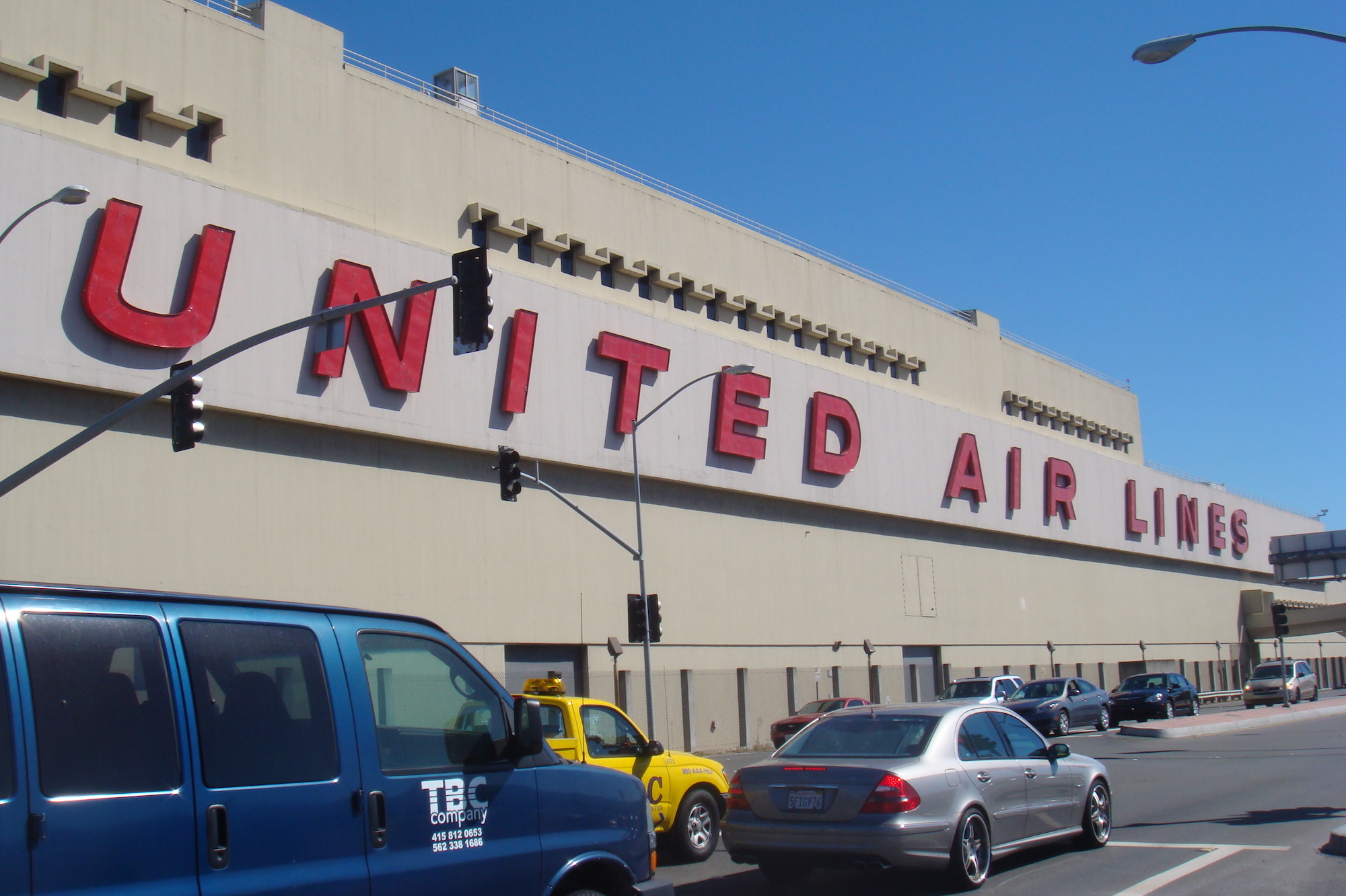 a large building with red letters on it