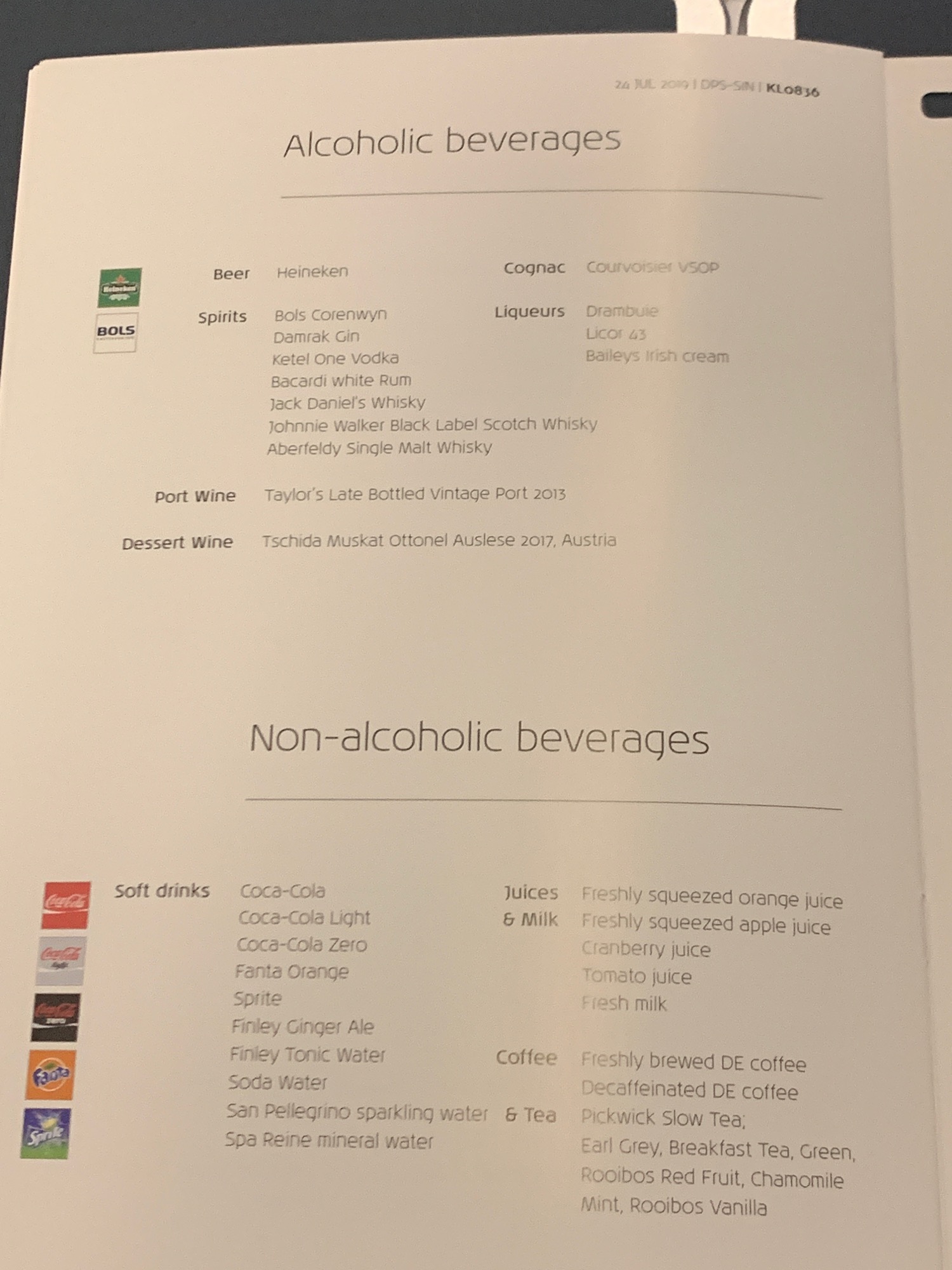 a menu of drinks and beverages