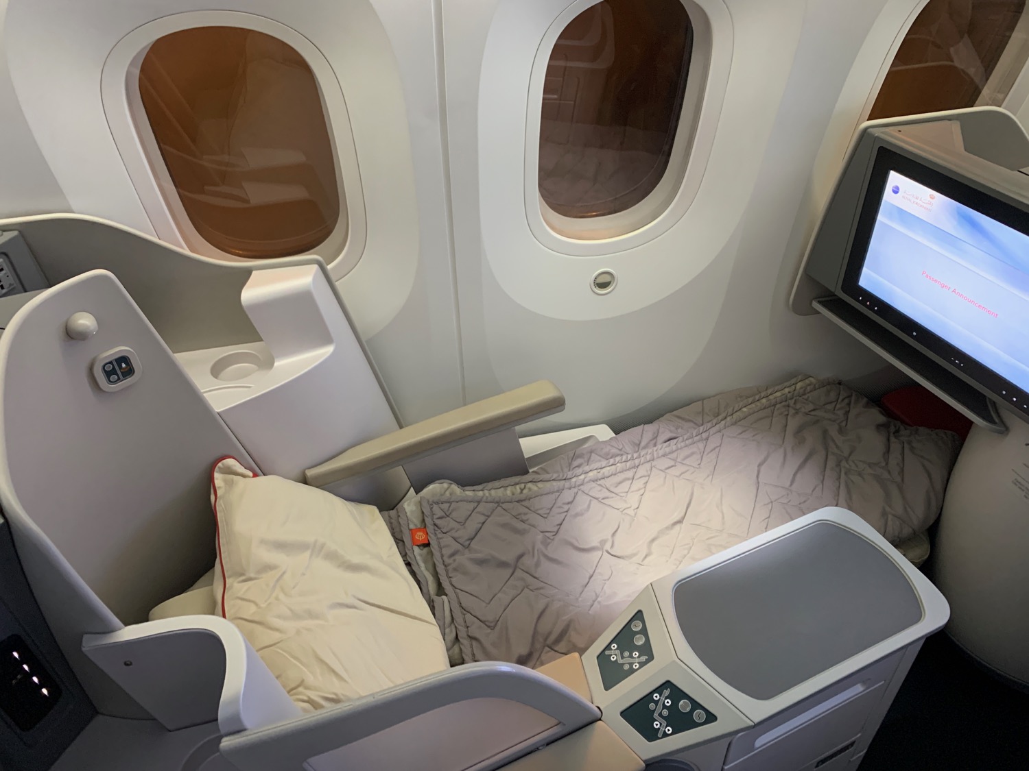a bed and a monitor in a plane