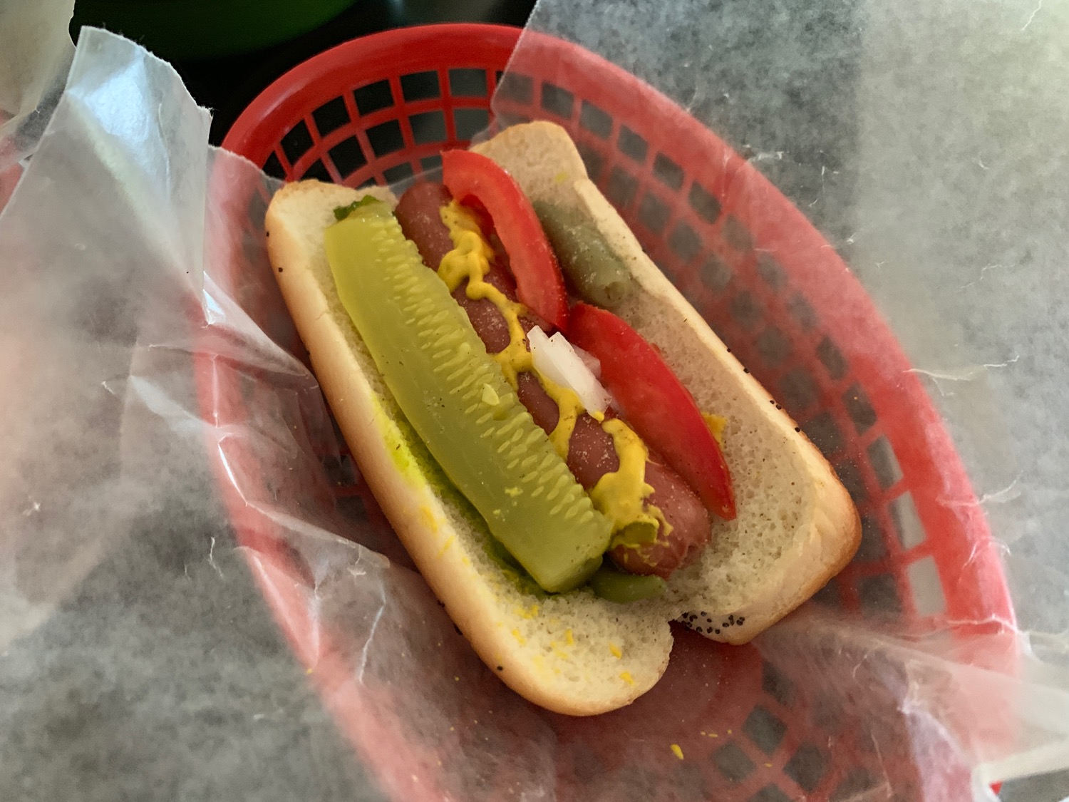 a hot dog in a basket