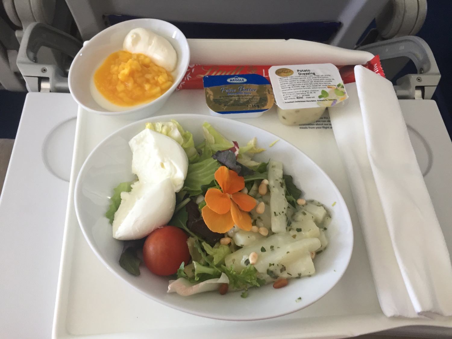 a plate of salad and cheese on a tray