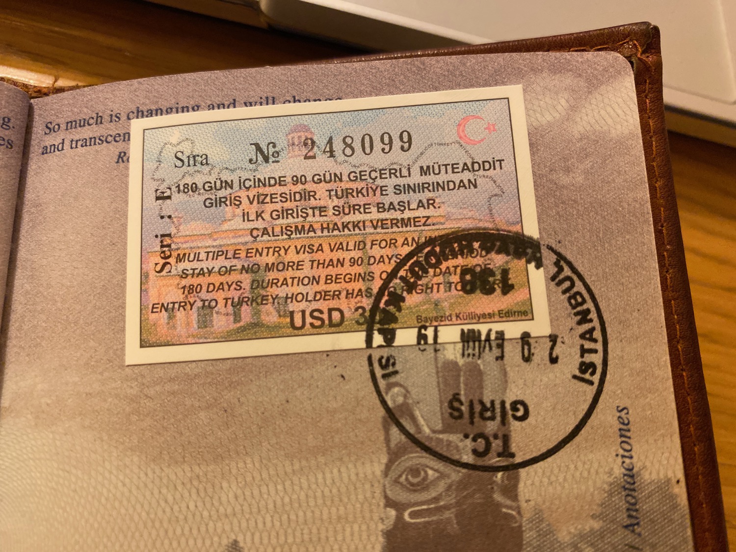 a passport with a stamp on it