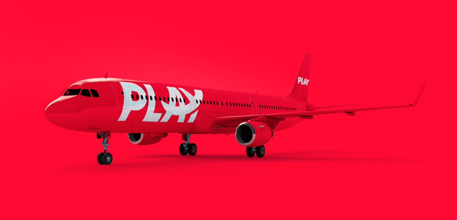 a red airplane with white text on it