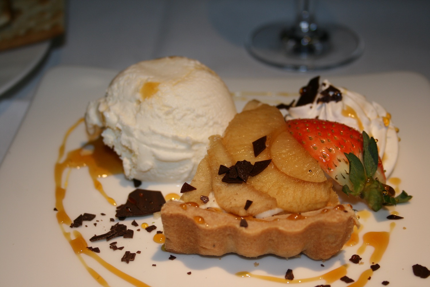 a plate of dessert with ice cream and fruit