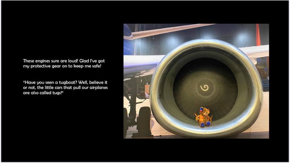 a stuffed animal sitting in a jet engine