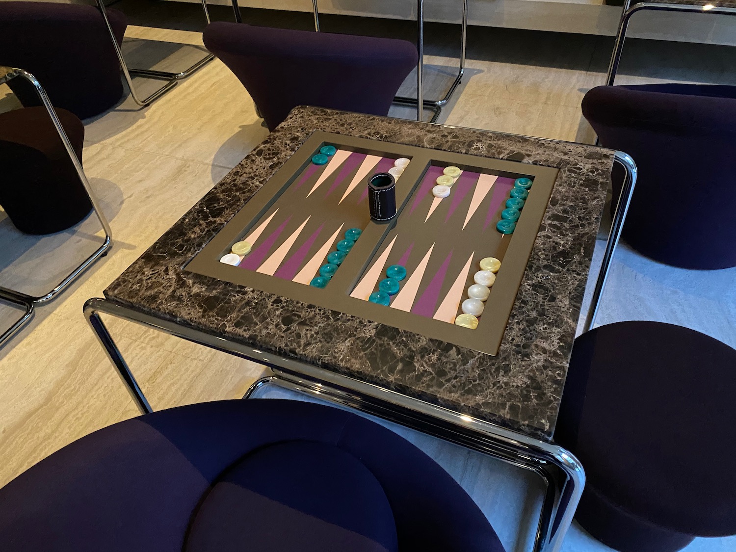 a game board with chairs around it