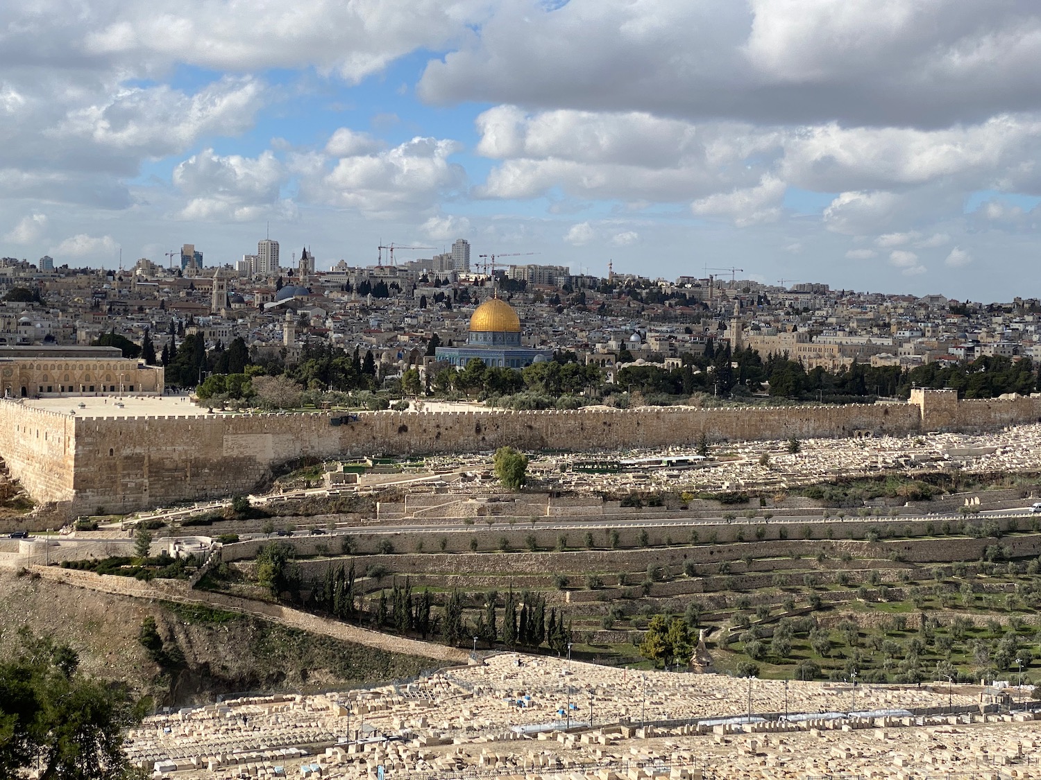 Mount of Olives landscape with a large stone wall and a large building