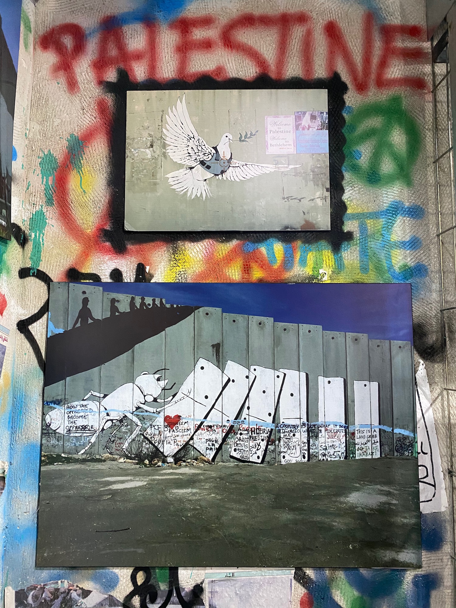 a wall with graffiti and pictures