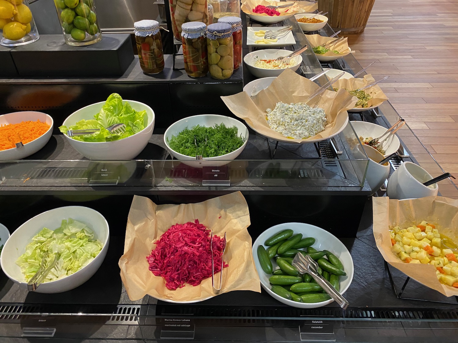 a display of salads and vegetables