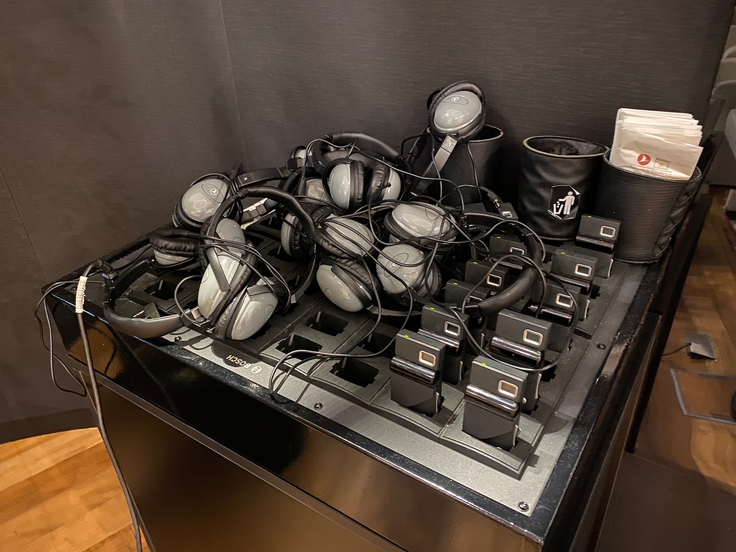 a group of headphones on a table